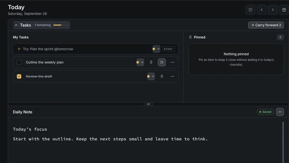 PureFocusNotes daily workspace with sample todos above a saved daily note.