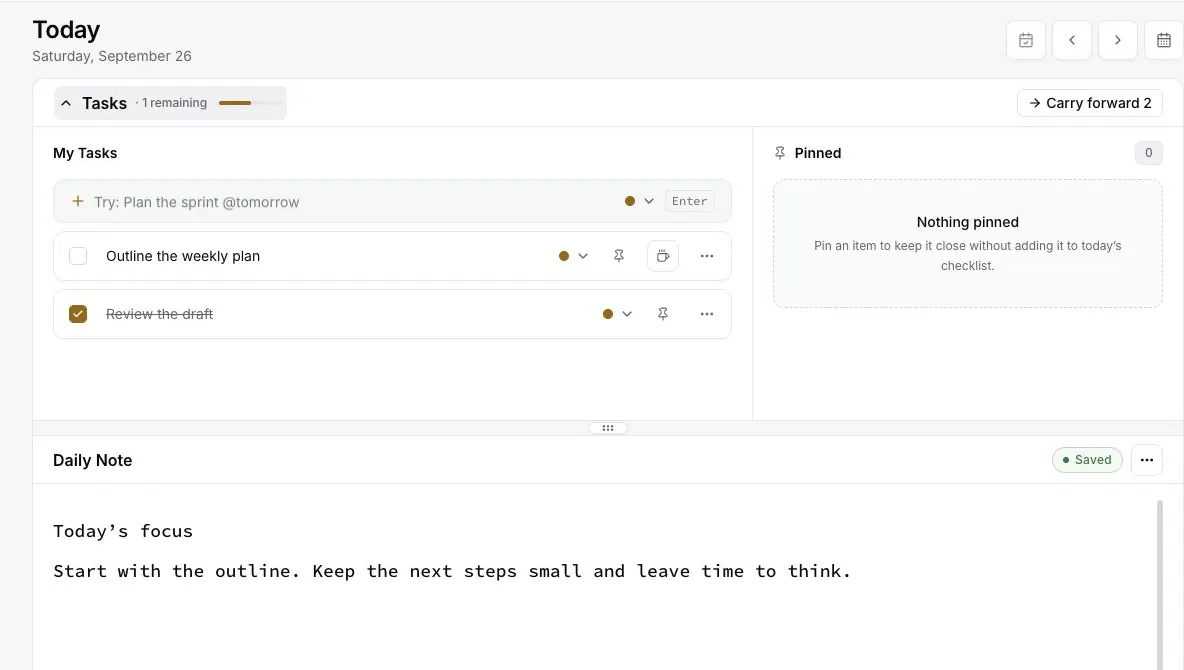 PureFocusNotes daily workspace with sample todos above a saved daily note.