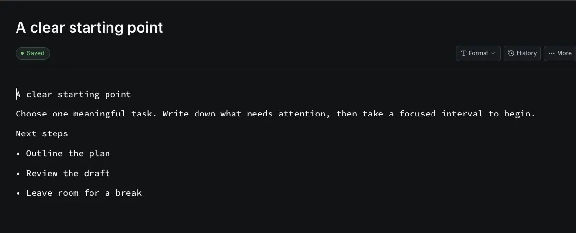 A note editor with a saved writing plan and three next steps.