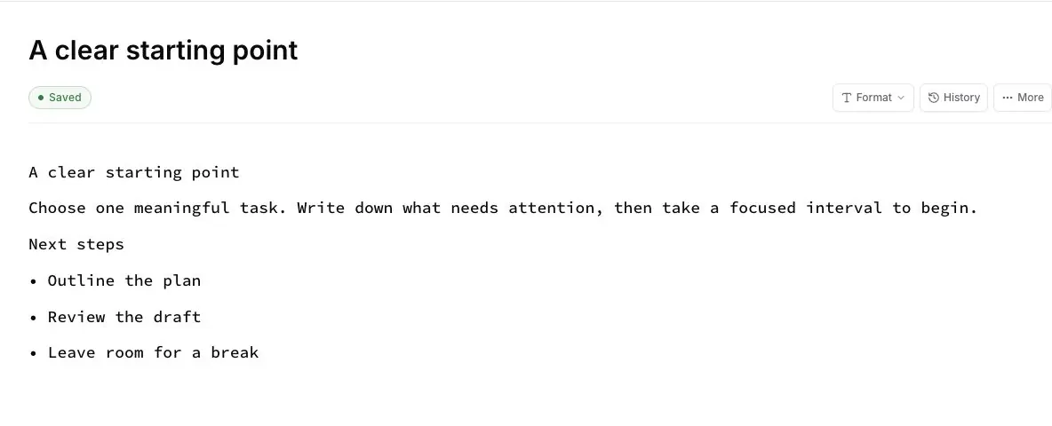 A note editor with a saved writing plan and three next steps.