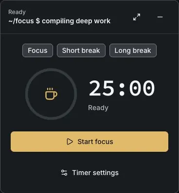 The idle Pomodoro timer set to a 25-minute focus interval.