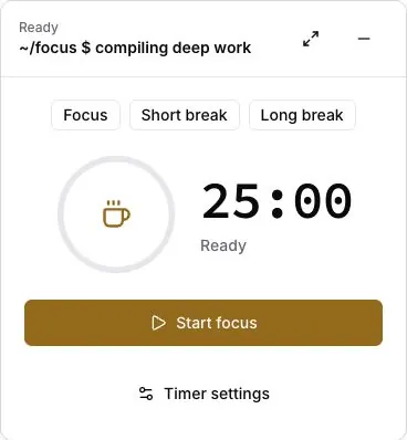 The idle Pomodoro timer set to a 25-minute focus interval.
