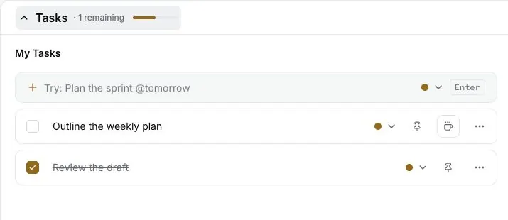 A daily todo list with one completed task and one task ready to start.
